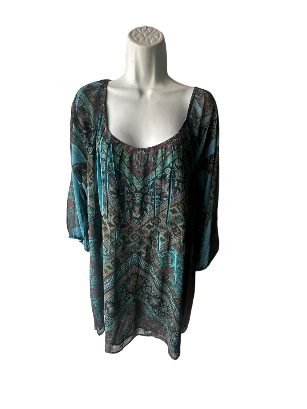 Unity World Wear Blue Brown Boho Geometric Print Top 3/4 Sleeve Size 2X
